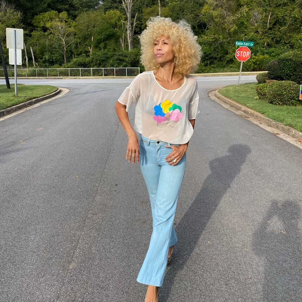 OOAK handpainted Elizabeth James sheer top shirt T - Picture 2 of 5